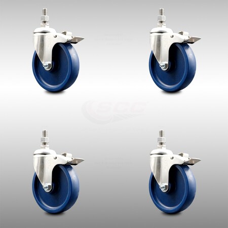 Service Caster 5 Inch 316SS Solid Polyurethane Wheel Swivel 10mm Stem Caster Set Lock Brake SCC-SS316TSTTL20S514-SPUS-M1015-4